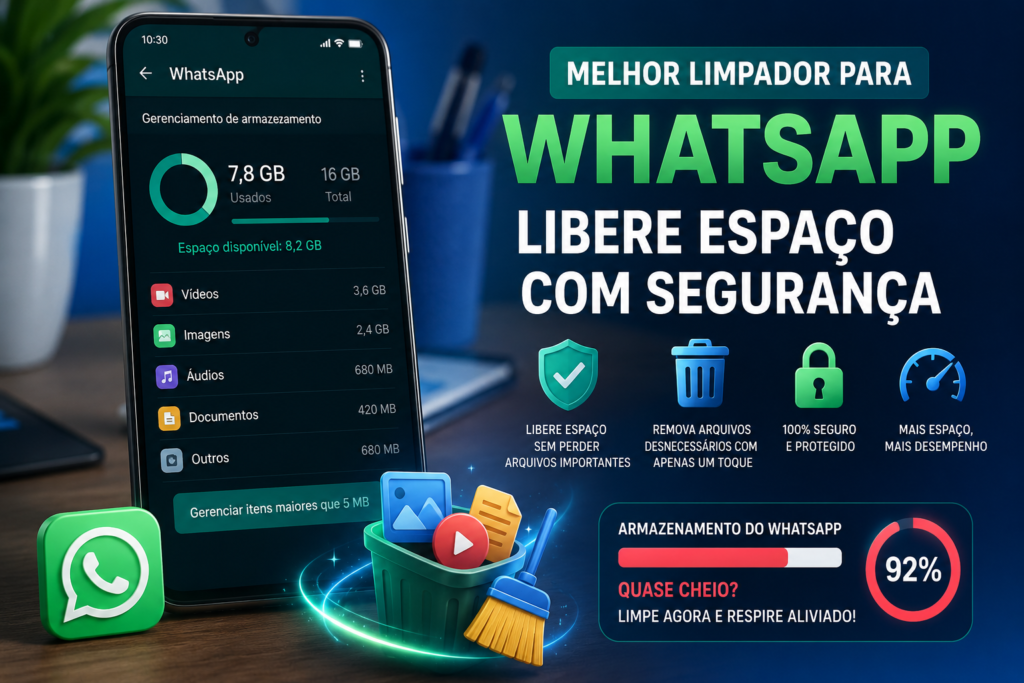 Gerenciamento de armazenamento do WhatsApp mostrando como liberar espaço com segurança removendo arquivos desnecessários sem perder fotos e vídeos importantes.