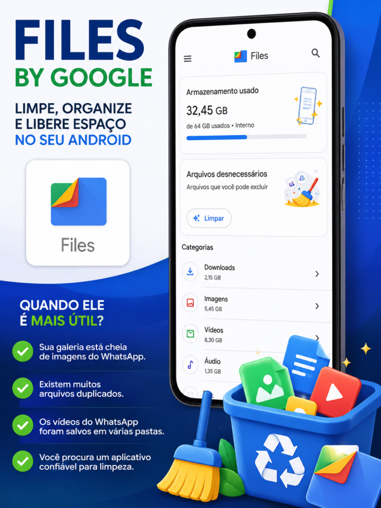 Files by Google app interface showing Android storage cleanup tools, including large file detection, duplicate file removal, WhatsApp media cleanup, and storage management on a smartphone with cleaning icons and recycling graphics.