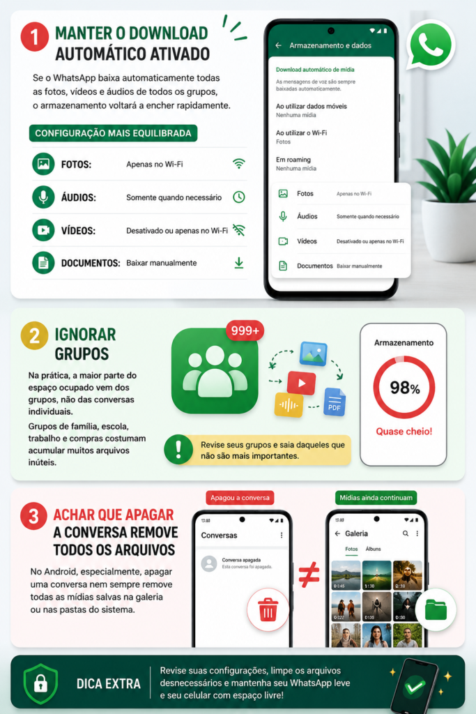 Infographic showing WhatsApp storage management tips, including auto-download settings, reducing media from group chats, and explaining that deleting conversations does not remove all saved files on Android devices.