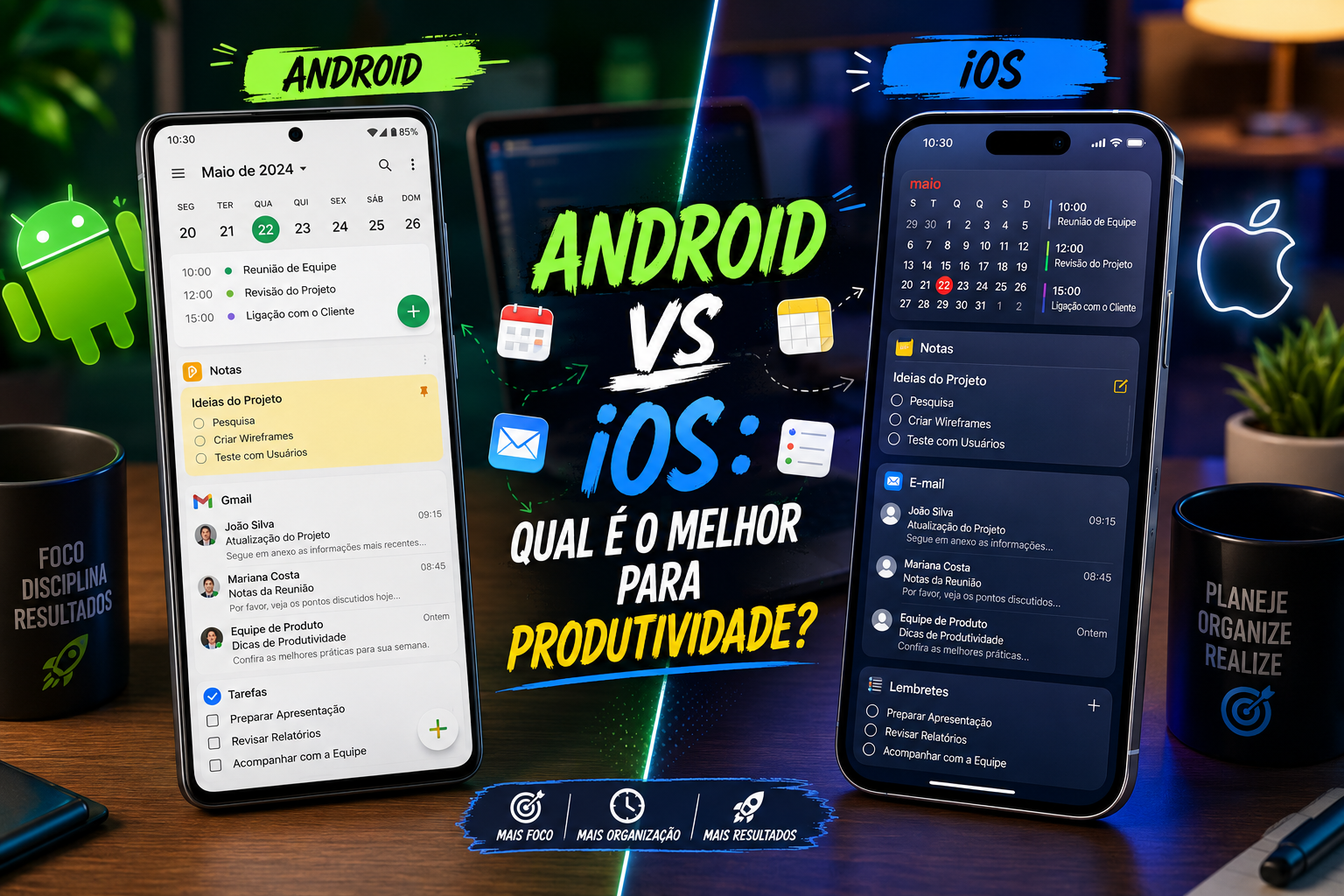 Android vs iOS para produtividade, comparando aplicativos de calendário, notas, tarefas e e-mail para organizar o dia a dia e aumentar a produtividade.