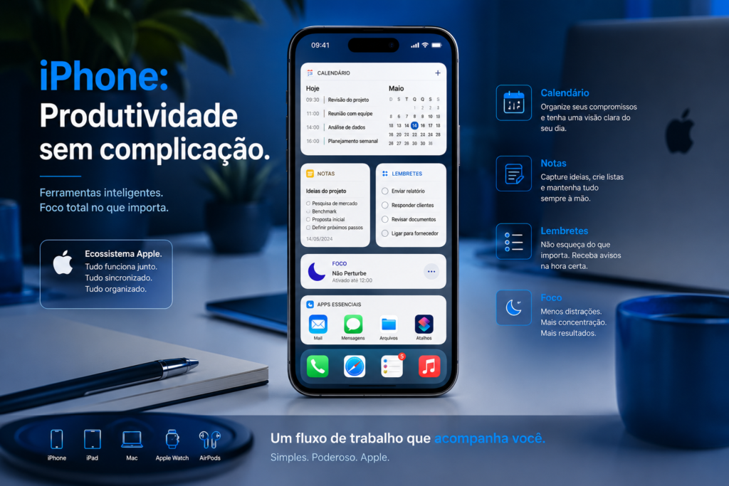 iPhone exibindo recursos de produtividade do iOS, como multitarefa, widgets e aplicativos organizados para o trabalho diário.