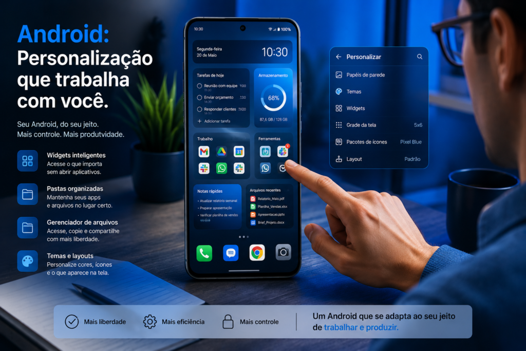 Smartphone Android mostrando recursos de produtividade, como tela dividida, widgets personalizados e ferramentas para multitarefa.