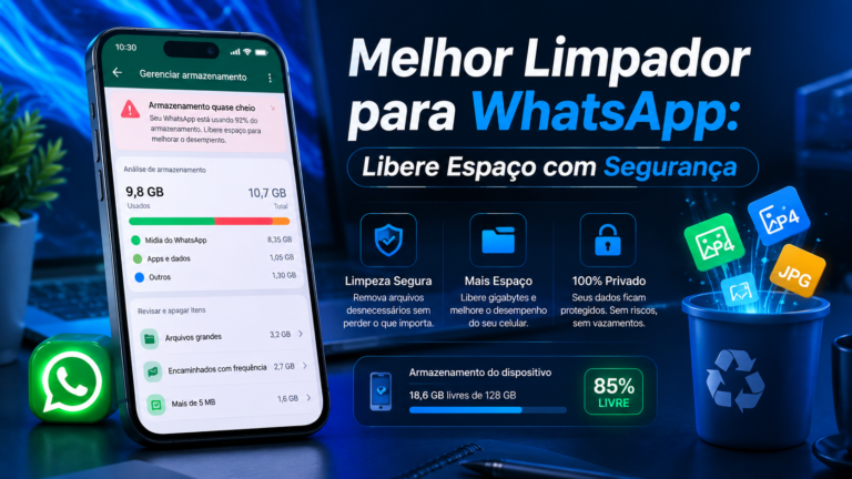 Aplicativo para limpar o armazenamento do WhatsApp, liberar espaço no celular e remover arquivos desnecessários com segurança e proteção da privacidade.