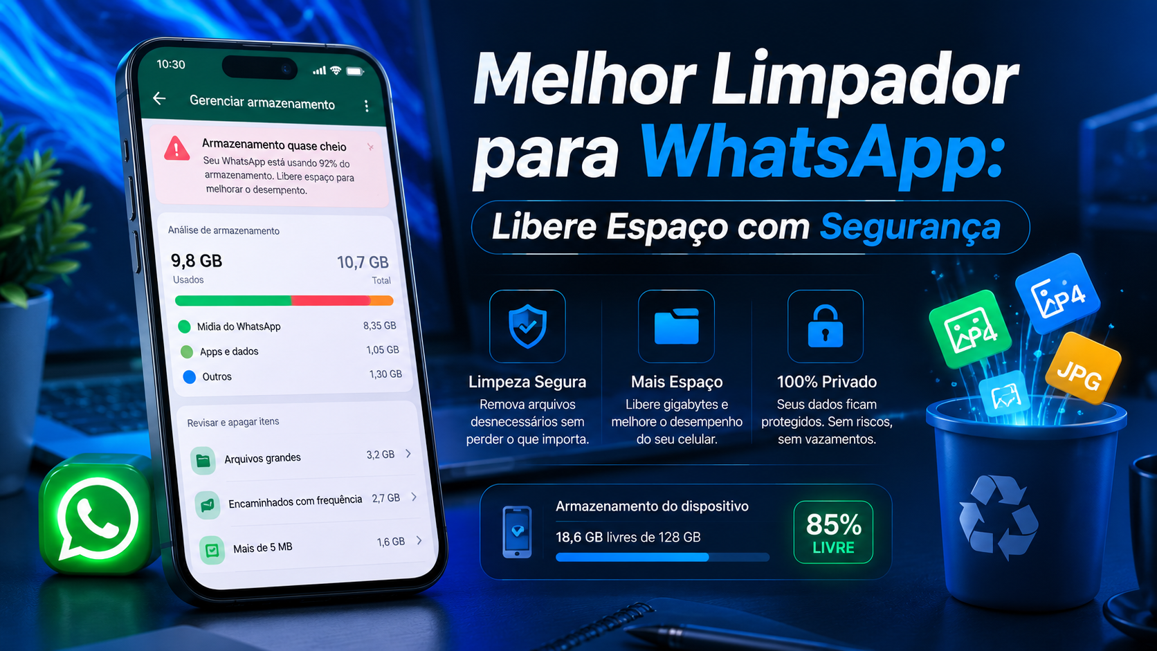 Aplicativo para limpar o armazenamento do WhatsApp, liberar espaço no celular e remover arquivos desnecessários com segurança e proteção da privacidade.