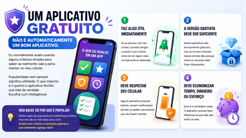 Illustration of a smartphone with app evaluation checklist, highlighting useful features, free version quality, battery-friendly performance, and practical value for choosing the best free Android apps.
