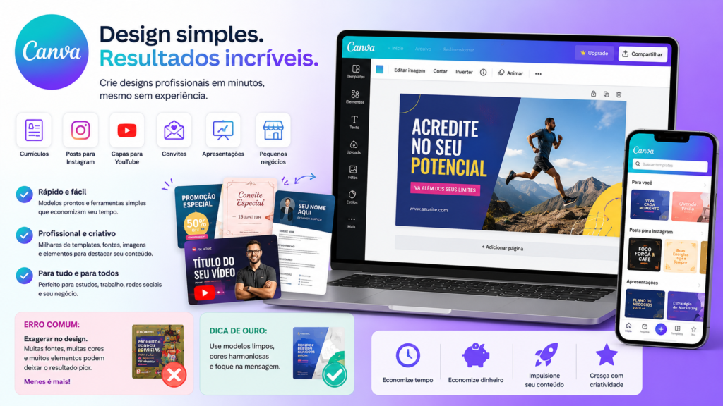 Canva design app displayed on laptop and smartphone, featuring templates for social media posts, presentations, resumes, YouTube thumbnails, invitations, and business graphics with an easy drag-and-drop interface.