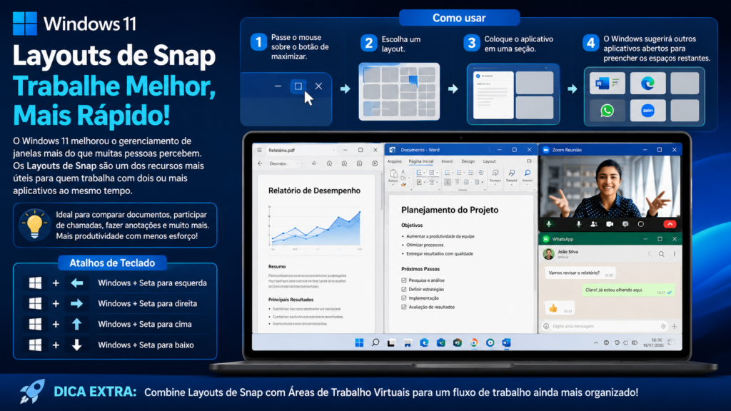 Infográfico em português sobre Windows 11 Layouts de Snap, mostrando como organizar várias janelas para aumentar a produtividade. A imagem apresenta o passo a passo para usar os Layouts de Snap, exemplos de multitarefa com PDF, Word, Zoom e WhatsApp lado a lado, além dos atalhos de teclado Windows + Seta para esquerda, direita, cima e baixo para gerenciar janelas rapidamente.