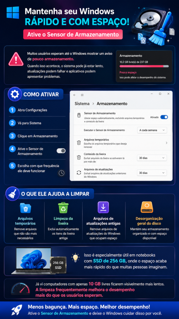 Infográfico em português sobre o Sensor de Armazenamento do Windows, explicando como ativar o recurso para liberar espaço automaticamente. A imagem mostra o passo a passo em Configurações > Sistema > Armazenamento, destaca a limpeza de arquivos temporários, lixeira, arquivos de atualizações antigas e desorganização do disco, além de enfatizar os benefícios para notebooks com SSD de 256 GB e a melhoria do desempenho quando há pouco espaço livre.