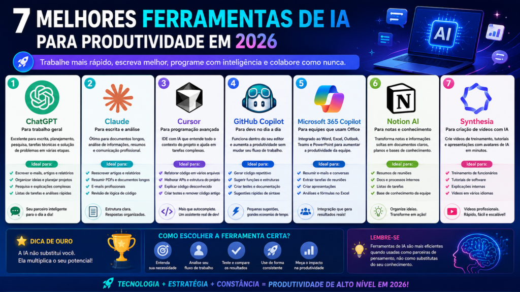Infográfico em português sobre as 7 melhores ferramentas de IA para produtividade em 2026, destacando ChatGPT, Claude, Cursor, GitHub Copilot, Microsoft 365 Copilot, Notion AI e Synthesia. A imagem compara os principais recursos, casos de uso, benefícios e dicas para escolher a melhor inteligência artificial para escrita, programação, produtividade, colaboração e criação de vídeos.