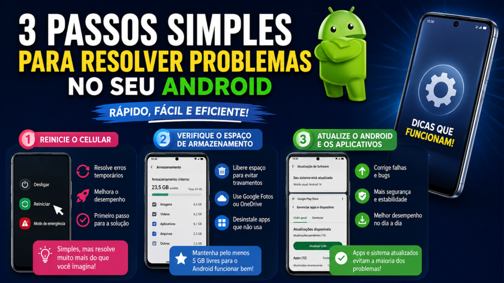 Imagem ilustrativa mostrando um smartphone Android com ícones de reiniciar, armazenamento e atualização do sistema, representando soluções básicas para corrigir problemas no Android, como lentidão, travamentos e falhas em aplicativos.