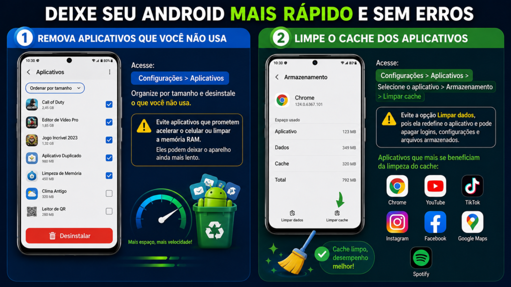 Imagem ilustrativa de um smartphone Android exibindo a tela de aplicativos e opções de armazenamento, destacando a remoção de aplicativos não utilizados e a limpeza do cache para melhorar o desempenho, liberar espaço e corrigir lentidão no Android.