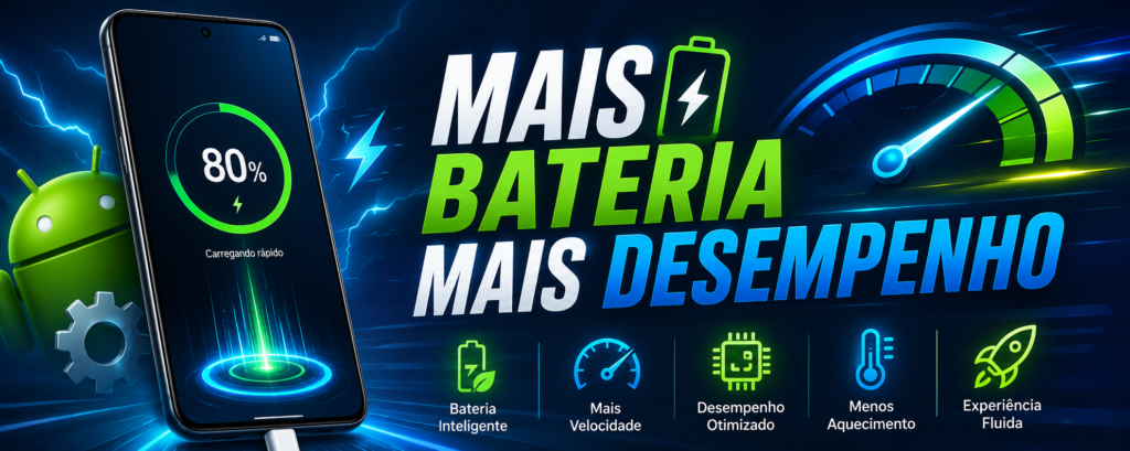 Banner ilustrativo mostrando um smartphone Android com bateria em 80%, animação de carregamento, velocímetro de desempenho e ícones de otimização, destacando dicas para aumentar a duração da bateria e melhorar o desempenho do Android.