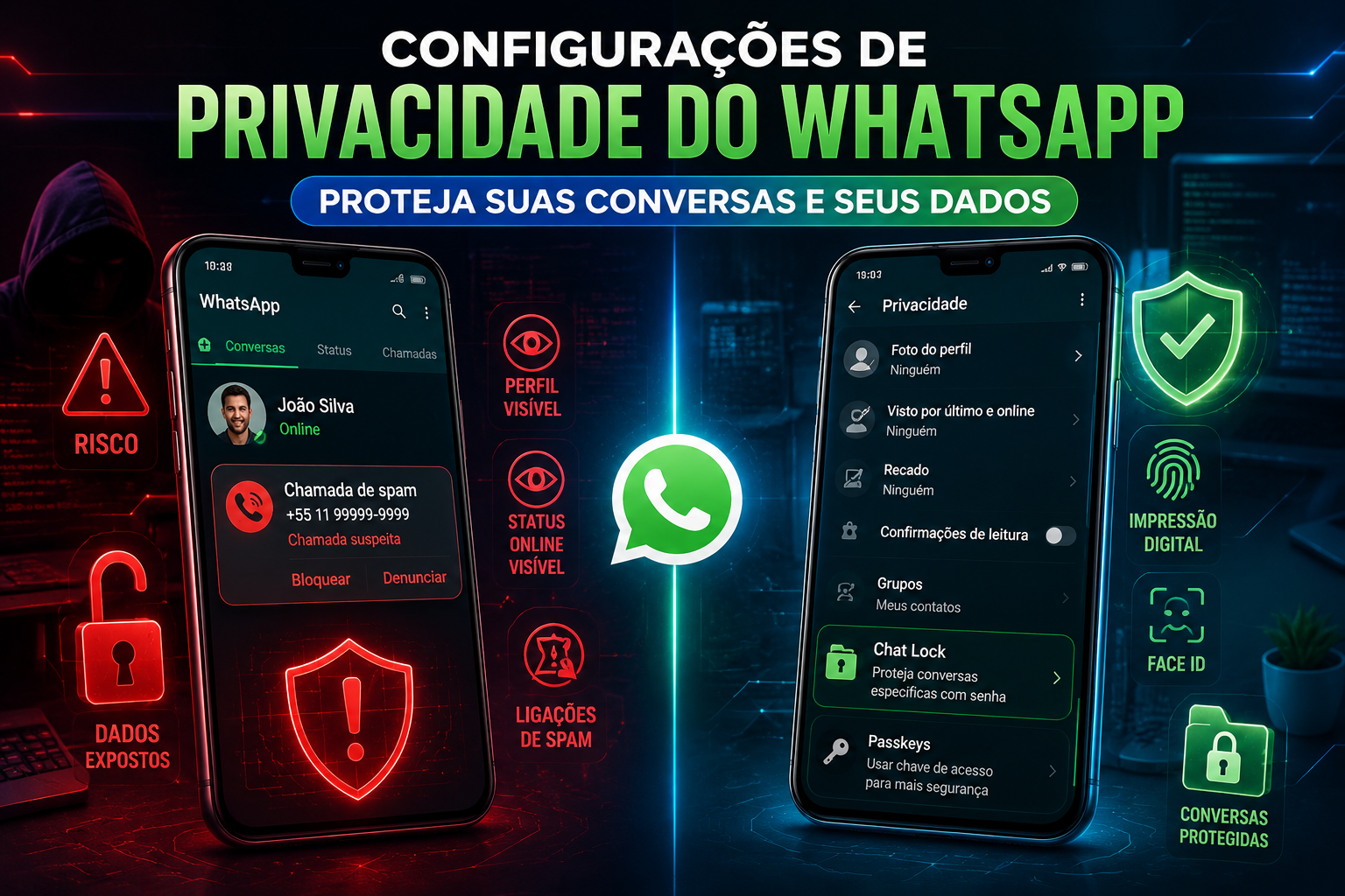Tela das configurações de privacidade do WhatsApp mostrando recursos como Chat Lock, Face ID, impressão digital e proteção contra chamadas de spam para manter conversas e dados seguros.