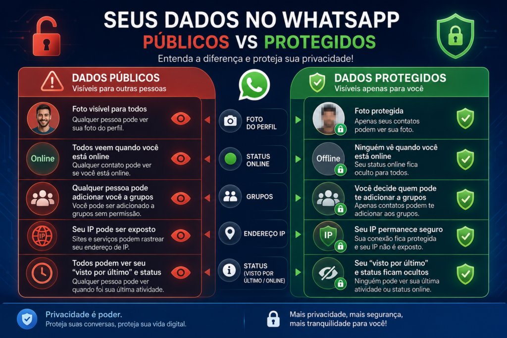 Infográfico comparando dados públicos e dados protegidos no WhatsApp, mostrando opções de privacidade para foto de perfil, status online, grupos, endereço IP e visto por último, destacando como proteger informações pessoais e aumentar a segurança da conta.