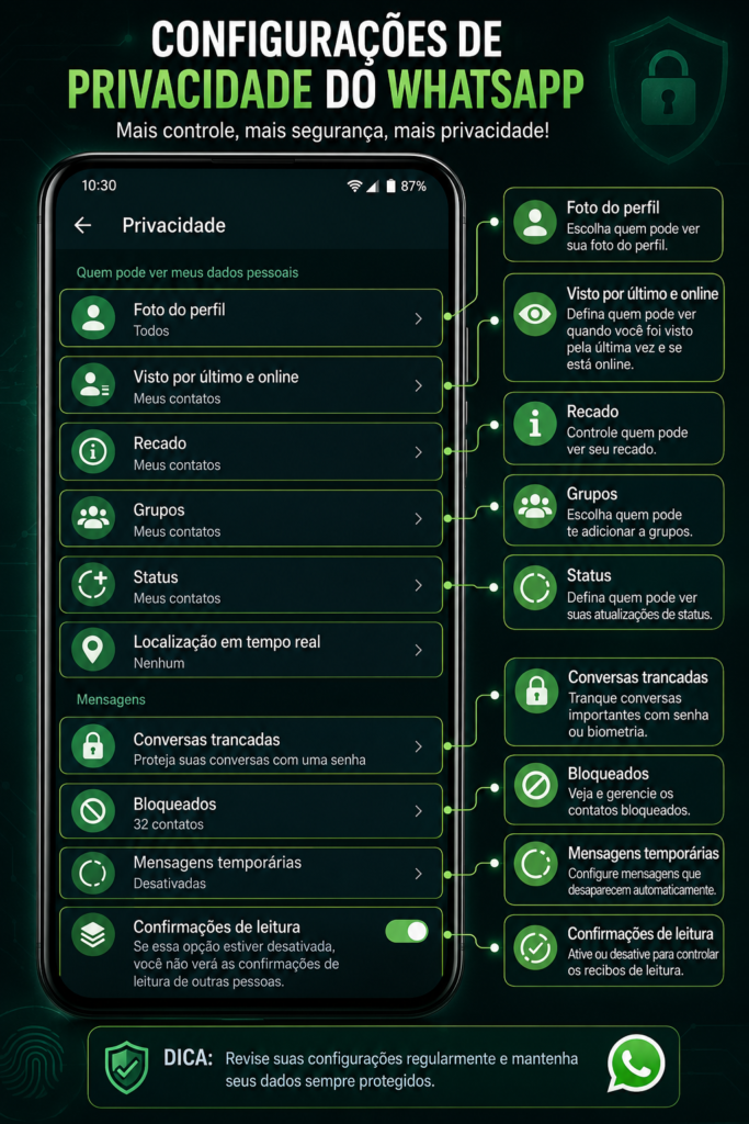 Ilustração em estilo captura de tela mostrando o menu de Privacidade do WhatsApp com opções destacadas, como foto do perfil, visto por último e online, grupos, status, conversas trancadas, confirmações de leitura e mensagens temporárias para aumentar a segurança e a privacidade da conta.