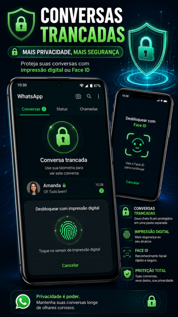 Imagem ilustrativa mostrando um smartphone com uma conversa bloqueada no WhatsApp e autenticação biométrica por impressão digital e Face ID, destacando o recurso de Conversas Trancadas para proteger mensagens privadas e aumentar a segurança da conta.
