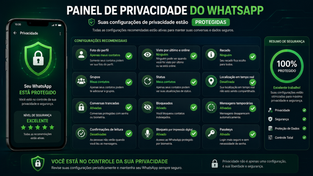 Ilustração em formato de painel de segurança mostrando todas as opções recomendadas ativadas, com ícones de verificação para foto do perfil, visto por último, grupos, status, mensagens temporárias, conversas trancadas, Passkeys e autenticação biométrica, destacando uma conta totalmente protegida.
