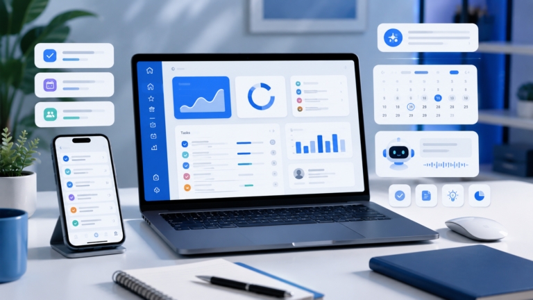 Apps de produtividade em 2026 organizando tarefas, calendário e IA.