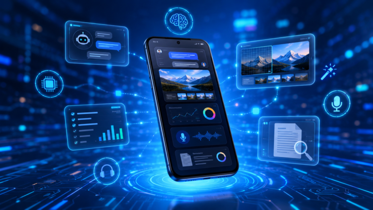 Smartphone Android moderno com interfaces de assistentes de IA, geração de imagens, assistente de voz, painel de produtividade e análise de documentos em um fundo digital futurista em tons de azul.