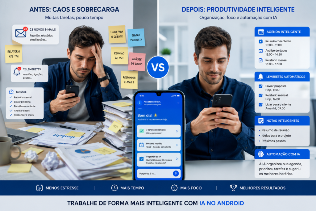 "Comparação entre uma pessoa sobrecarregada com tarefas, e-mails e anotações em papel e a mesma pessoa usando aplicativos de IA no Android para organizar agenda, lembretes, notas e automação de tarefas em um escritório moderno."