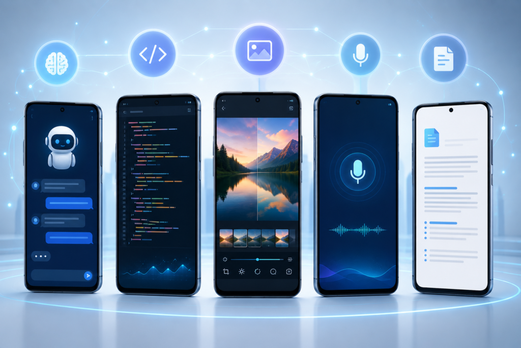 "Vários smartphones Android exibindo diferentes interfaces de inteligência artificial, incluindo chatbot, assistente de programação, editor de fotos, assistente de voz e resumidor de documentos em um ambiente futurista."