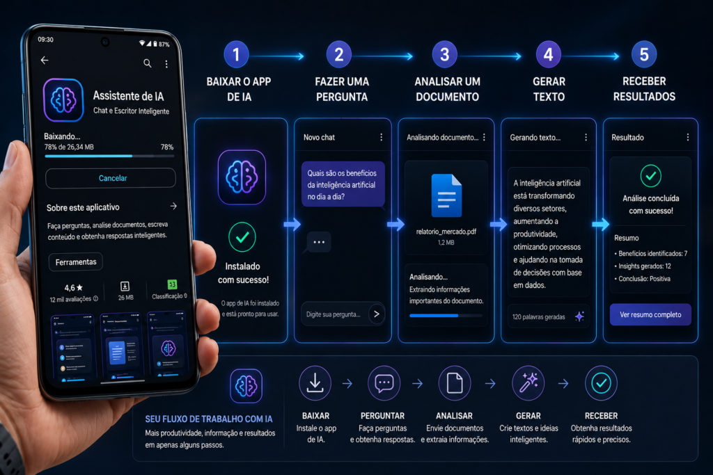 Imagem ilustrativa mostrando um smartphone Android com um aplicativo de inteligência artificial e um fluxo de trabalho passo a passo para baixar um app de IA, fazer perguntas, analisar documentos, gerar textos e receber resultados, destacando a automação e a produtividade com inteligência artificial.