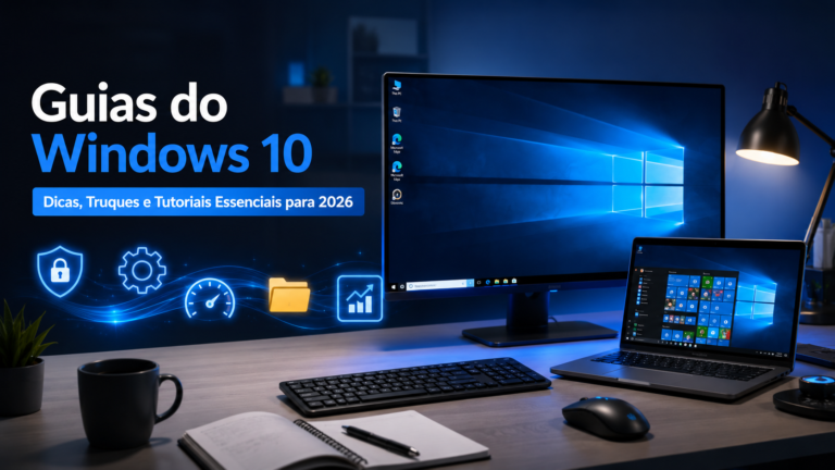 "Modern Windows 10 workspace with a large desktop monitor and laptop displaying the Windows 10 interface, blue ambient lighting, keyboard, mouse, notebook, and coffee cup on a clean desk. Floating icons represent Security, Settings, Performance, File Explorer, and Productivity, with Portuguese text: 'Guias do Windows 10 – Dicas, Truques e Tutoriais Essenciais para 2026'."