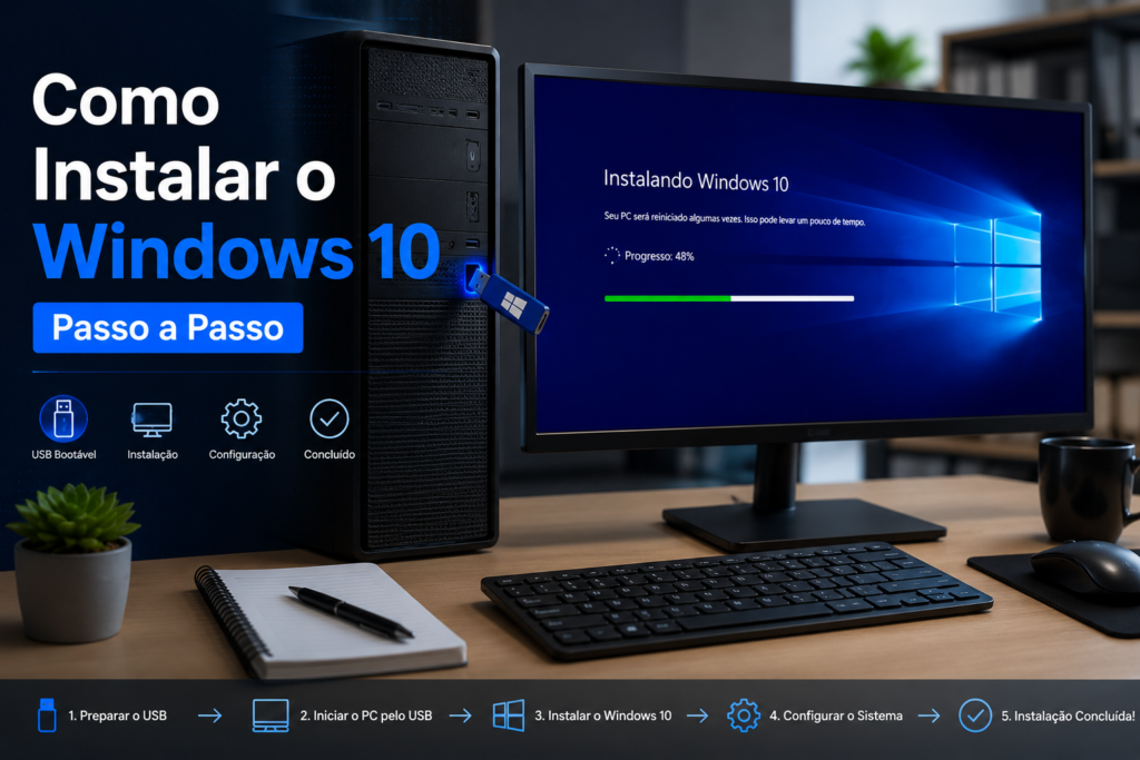 "Desktop computer with a bootable USB drive plugged in, Windows 10 installation screen displaying a progress bar on the monitor, and a clean office workspace with keyboard, notebook, and coffee cup. Portuguese title reads: 'Como Instalar o Windows 10 Passo a Passo'."