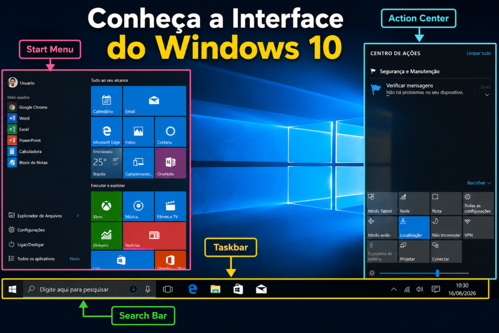 Ilustração da interface do Windows 10 mostrando a área de trabalho com o Menu Iniciar aberto, a Central de Ações visível, a barra de tarefas destacada e a barra de pesquisa indicada por setas, com o título "Conheça a Interface do Windows 10".