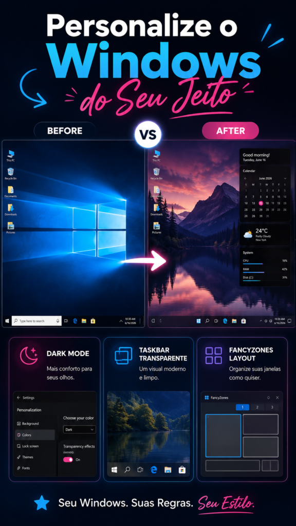 Personalize o Windows do Seu Jeito: comparação antes e depois da personalização do Windows 10 mostrando papel de parede personalizado, modo escuro, barra de tarefas transparente e layout FancyZones para uma área de trabalho moderna e organizada.