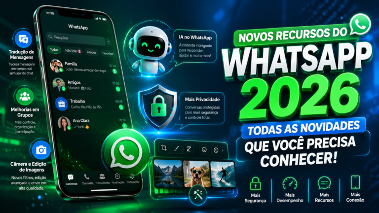 Smartphone moderno exibindo o WhatsApp 2026 com novos recursos de inteligência artificial, proteção de privacidade, grupos aprimorados, edição de imagens, balões de conversa e ícones de segurança sobre um fundo futurista verde e azul, com o texto "Novos Recursos do WhatsApp 2026 – Todas as Novidades Que Você Precisa Conhecer".