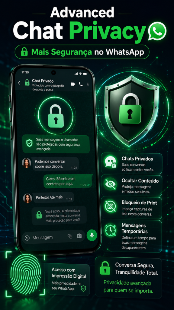Ilustração sobre Advanced Chat Privacy no WhatsApp, mostrando um smartphone com conversa protegida, ícones de cadeado, escudo e impressão digital, além das configurações de privacidade para destacar conversas seguras, proteção de mensagens e maior segurança no WhatsApp em 2026.