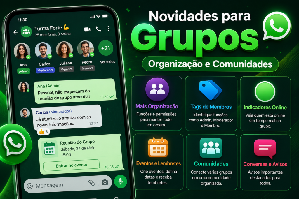Ilustração de um chat em grupo do WhatsApp com vários participantes, etiquetas de membros, indicador de usuários online, evento no calendário e ícone de Comunidades, destacando recursos para organização e gerenciamento de conversas em grupo.