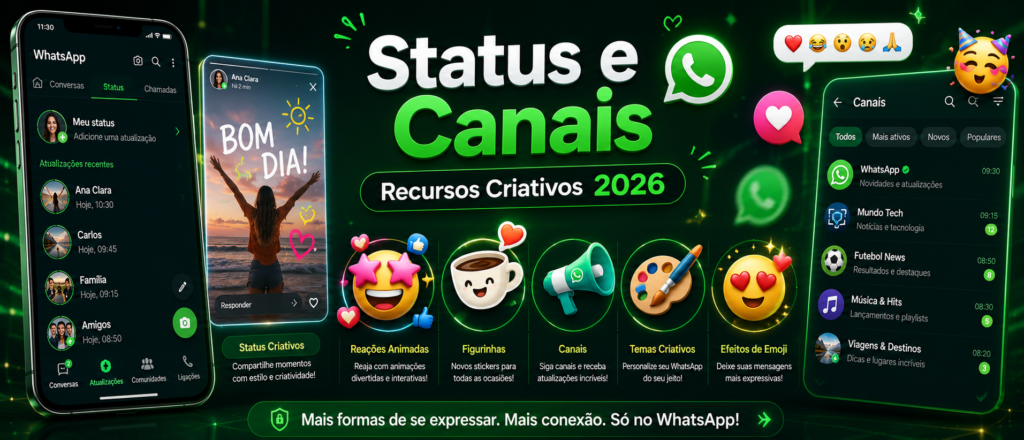 Banner com tela de Status e Canais do WhatsApp, mostrando reações animadas, figurinhas, temas criativos, efeitos de emoji e opções para criar e compartilhar conteúdo de forma mais interativa.
