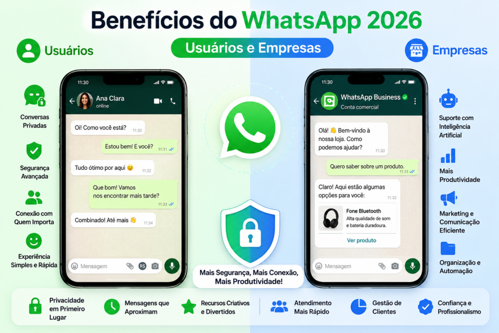 Ilustração comparando os benefícios do WhatsApp 2026 para usuários e empresas, com tela dividida entre uma conversa pessoal e o WhatsApp Business, destacando suporte com IA, produtividade, comunicação empresarial, conversas seguras e recursos avançados de privacidade.