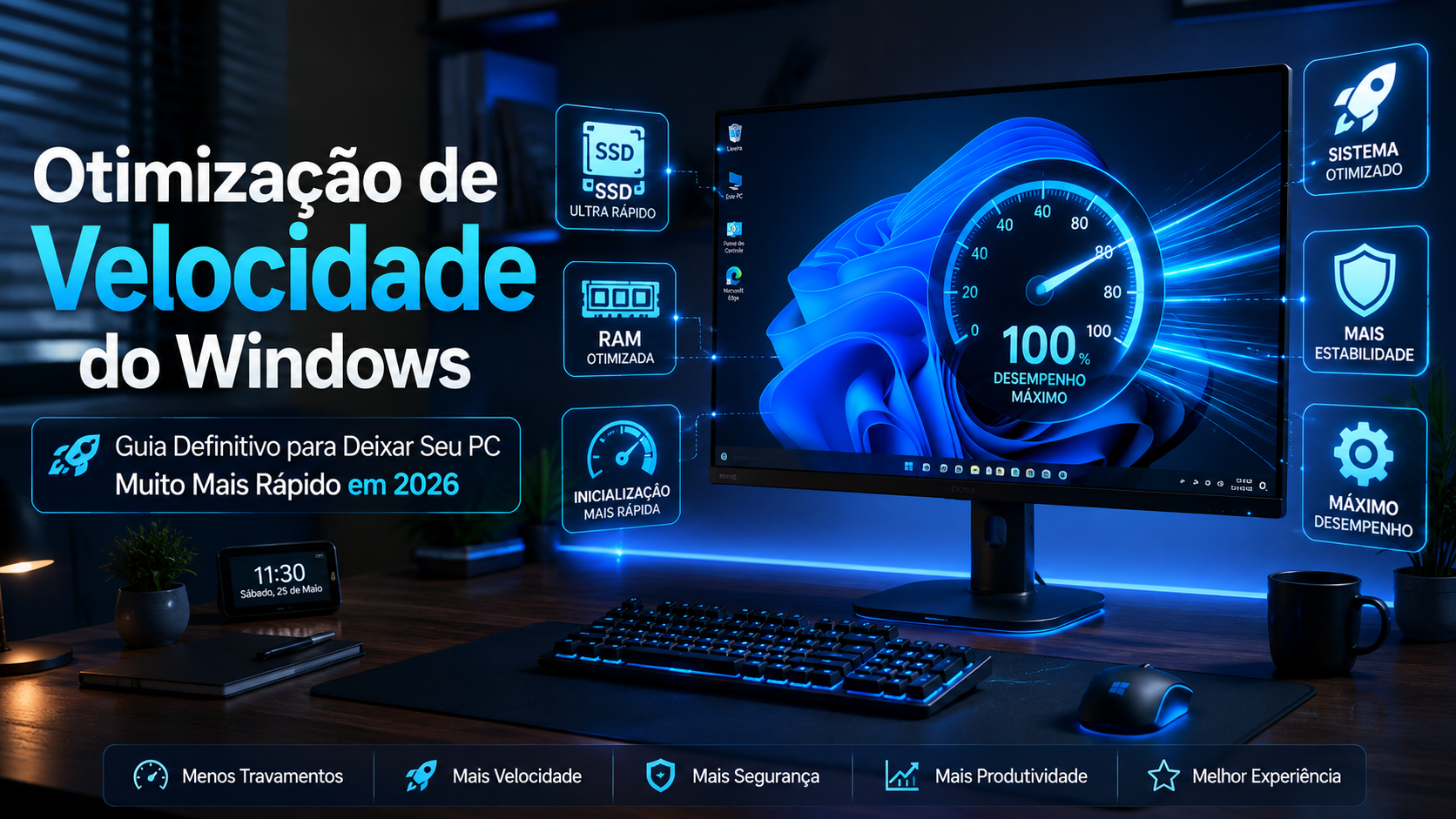Ilustração de uma estação de trabalho moderna com Windows 10 e Windows 11 exibindo ferramentas de otimização de velocidade do Windows, monitor com indicador de desempenho, ícones de SSD, RAM e otimização do sistema, destacando um guia completo para deixar o PC mais rápido e melhorar o desempenho em 2026.
