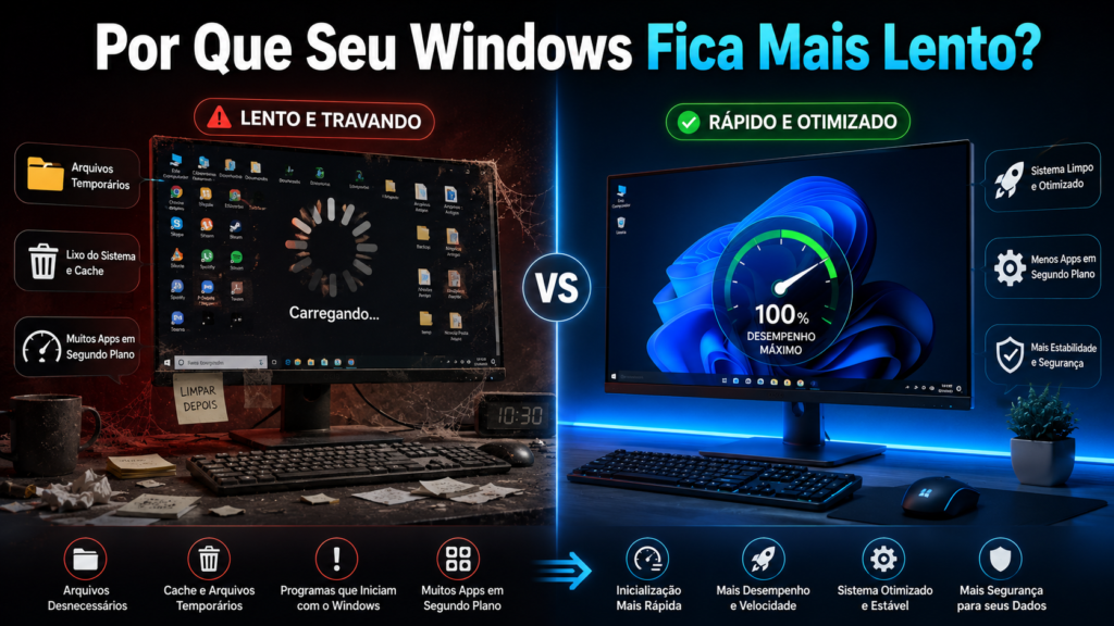 Comparação lado a lado entre um Windows lento e um Windows otimizado, mostrando um computador com área de trabalho desorganizada, arquivos temporários e muitos aplicativos em segundo plano à esquerda, e um PC rápido com desktop limpo, indicador de velocidade e melhor desempenho à direita, explicando por que o Windows fica mais lento e como otimizar sua velocidade.