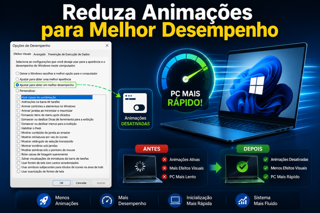 Ilustração mostrando as Opções de Desempenho do Windows com as animações desativadas para melhorar a velocidade do sistema, destacando um PC mais rápido, menor uso de recursos e melhor desempenho no Windows 10 e Windows 11 por meio da redução dos efeitos visuais.