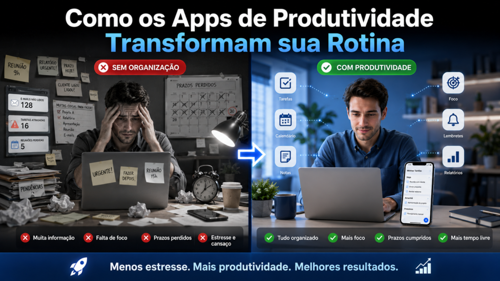Comparação lado a lado mostrando como os aplicativos de produtividade transformam a rotina: à esquerda, uma pessoa sobrecarregada com anotações, e-mails e prazos perdidos; à direita, a mesma pessoa utilizando aplicativos de tarefas, calendário e notas em um ambiente organizado, destacando os benefícios dos melhores apps de produtividade para aumentar o foco, a organização e a eficiência em 2026.