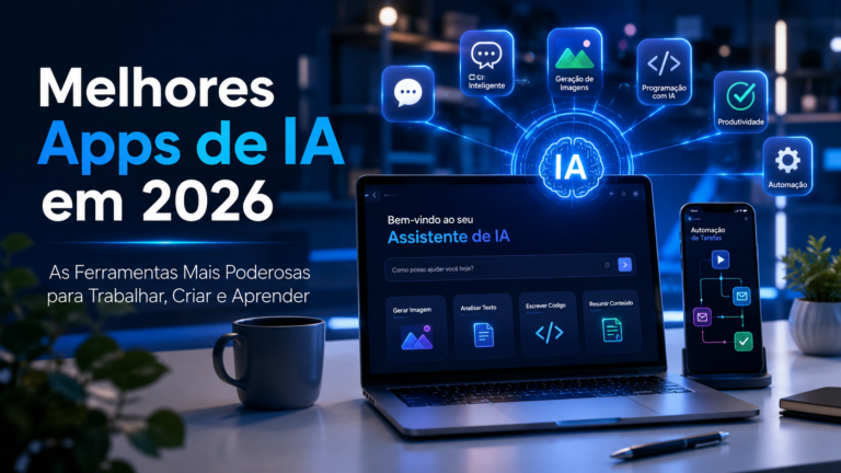 Melhores Apps de IA em 2026 displayed on a modern workspace featuring a laptop and smartphone with futuristic AI interfaces, floating icons for chat, image generation, coding, productivity, and automation, illuminated by blue holographic lighting in a realistic 16:9 technology scene.