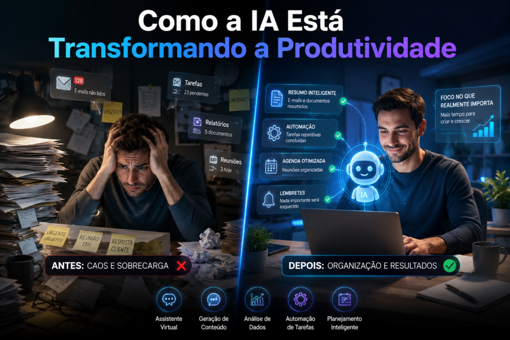 Como a IA Está Transformando a Produtividade illustrated with a split-screen showing an overwhelmed professional surrounded by emails, documents, and tasks on the left, and the same person using AI-powered automation, smart organization, and a virtual assistant to improve productivity on the right in a modern futuristic workspace.