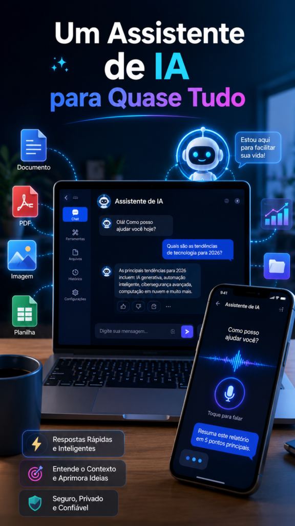 Um Assistente de IA para Quase Tudo displayed on a vertical 9:16 illustration featuring a smartphone and laptop with a conversational AI interface, voice and text interactions, and floating document, image, PDF, and productivity icons in a modern futuristic workspace.