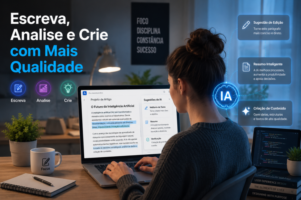Escreva, Analise e Crie com Mais Qualidade showing a writer working on a long document in a modern office while an AI assistant provides intelligent editing suggestions, summaries, and content improvements, with writing and coding elements displayed on digital screens to enhance productivity and creativity.