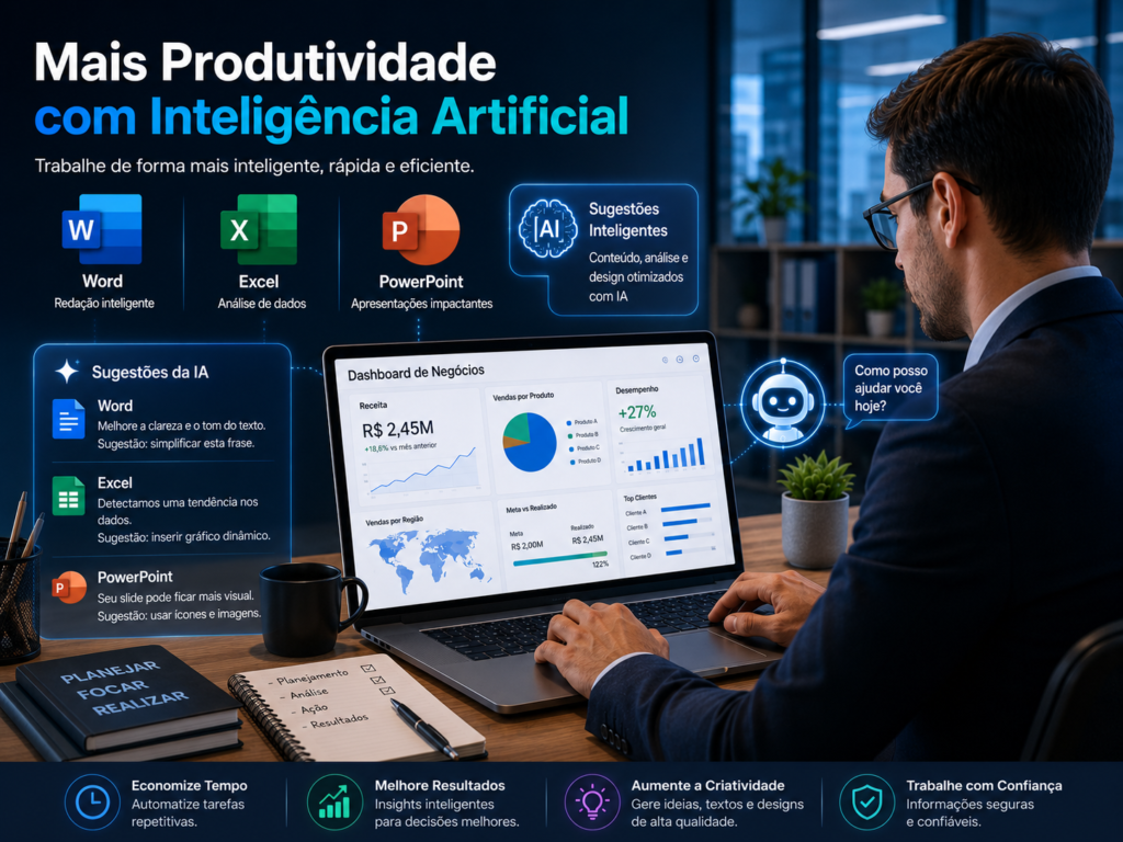 Ilustração de uma profissional usando Word, Excel e PowerPoint com sugestões baseadas em IA, um painel interativo de negócios e um escritório moderno, destacando como os Melhores Apps de IA em 2026 ajudam na criação de documentos, análise de dados, apresentações e aumento da produtividade.