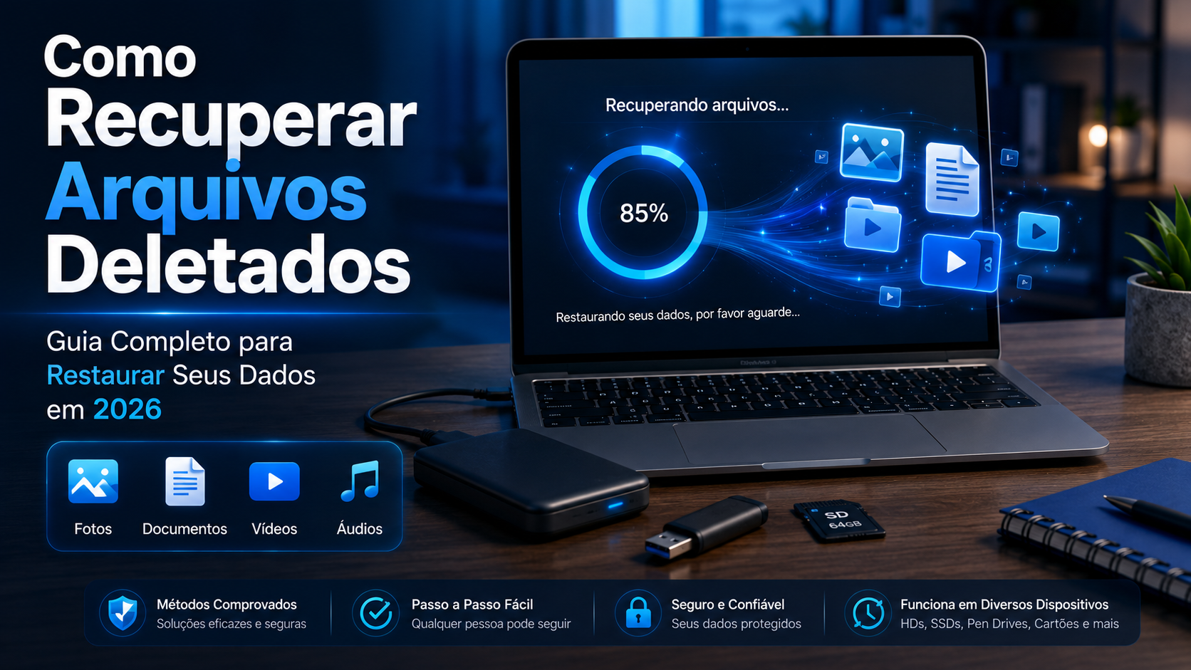 Como Recuperar Arquivos Deletados illustrated with a modern laptop restoring deleted files, a blue recovery progress animation, external hard drive, USB flash drive, and SD card on a desk, while photo, document, and video file icons reappear, representing secure data recovery in a realistic 2026 workspace.