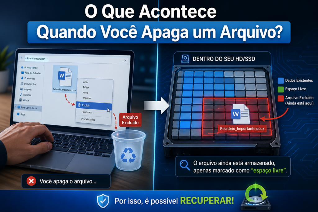 Ilustração mostrando o que acontece quando você apaga um arquivo, com o arquivo ainda armazenado como espaço livre no HD para recuperação de dados.
