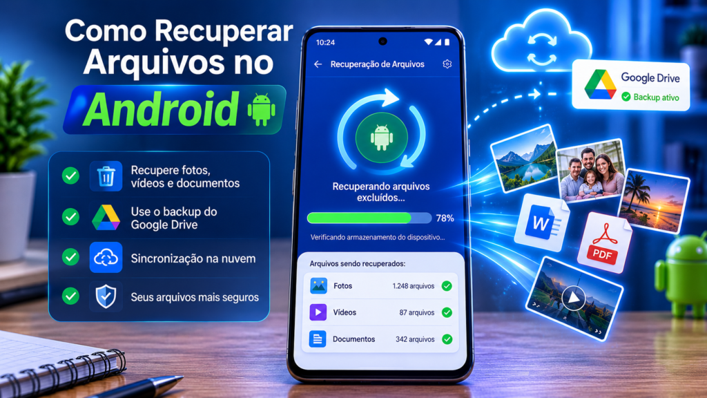 Smartphone Android recuperando fotos e arquivos deletados com Google Drive, sincronização na nuvem e processo de recuperação de dados.