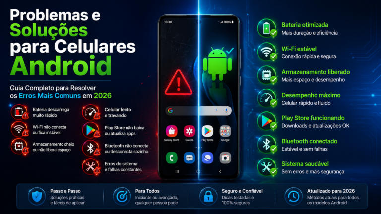 Problemas e Soluções para Celulares Android illustrated with a modern Android smartphone in the center, showing a split-screen of common Android issues on the left and optimized performance on the right, surrounded by battery, Wi-Fi, storage, speed, Play Store, Bluetooth, and repair tool icons in a realistic futuristic workspace for the Guia Completo para Resolver os Erros Mais Comuns em 2026.