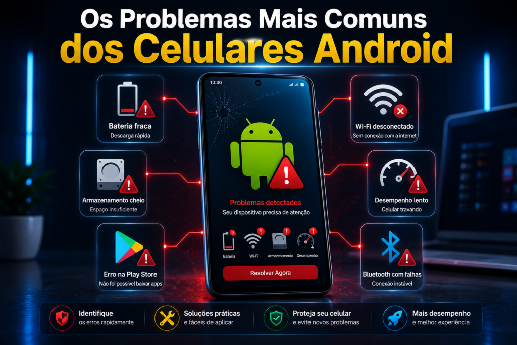 Os Problemas Mais Comuns dos Celulares Android** featuring a modern Android smartphone surrounded by warning icons for low battery, Wi-Fi disconnection, full storage, slow performance, Play Store errors, and Bluetooth issues, illustrated in a realistic futuristic blue workspace to highlight the most common Android phone problems and troubleshooting solutions.
