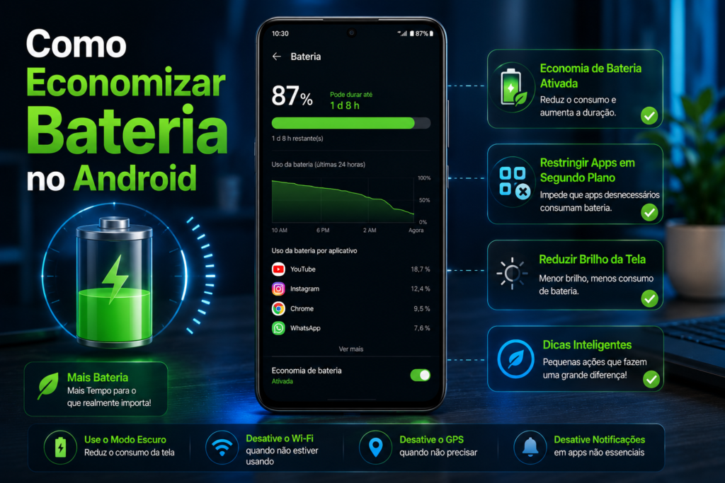 Problemas e Soluções para Celulares Android illustrated with a modern Android smartphone surrounded by warning icons for low battery, Wi-Fi disconnection, full storage, slow performance, Play Store errors, and Bluetooth issues, highlighting the most common Android phone problems and practical solutions in a realistic futuristic blue workspace.